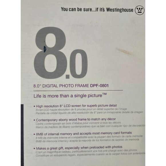 Westinghouse DPF-0801 Digital photo frame with 8" LCD screen NIB - Picture 3 of 9